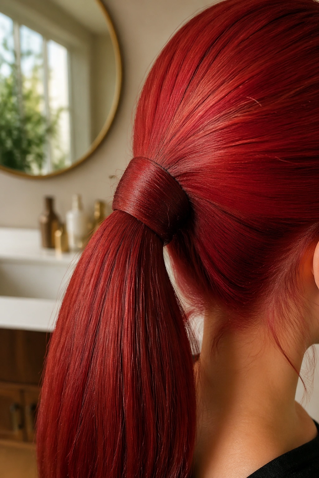 Macro close-up of wrapped base red swoop ponytail with pins