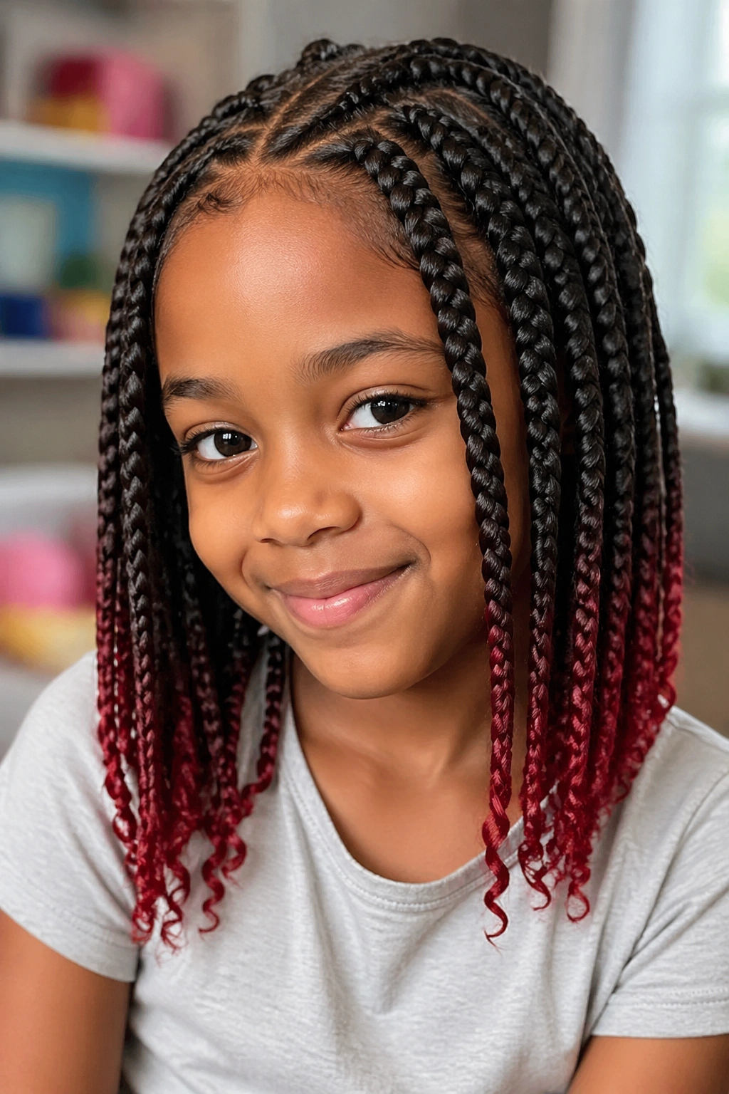 Close-up of a real child with red-tipped box braids in natural daylight