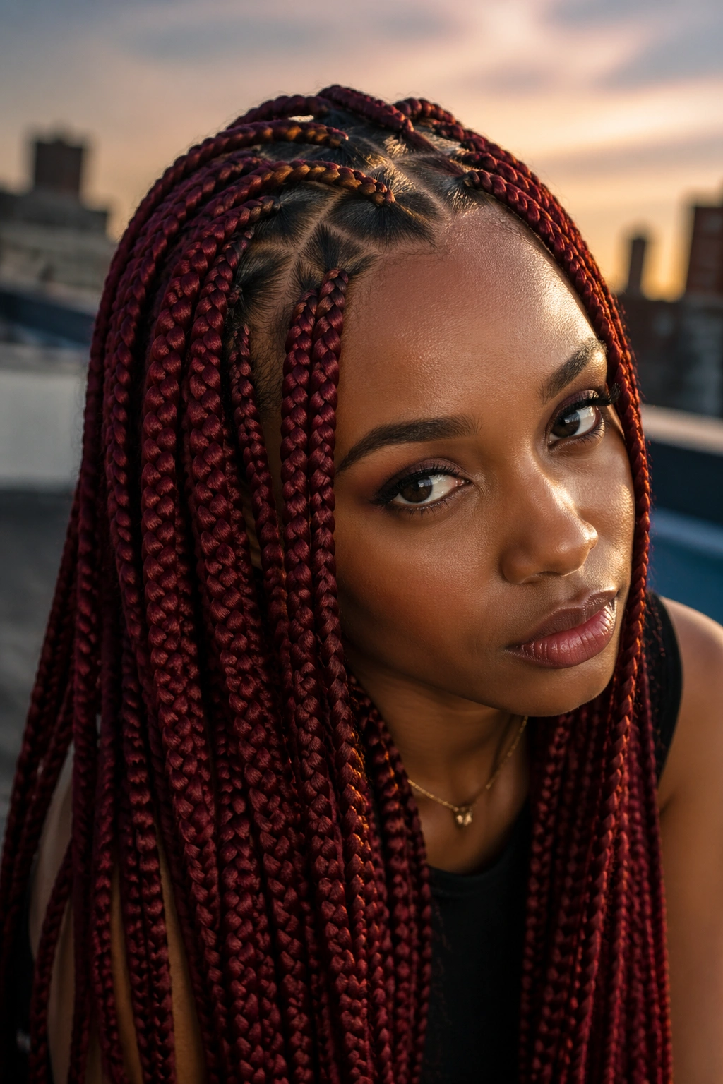 Real woman with red triangle-part box braids close-up