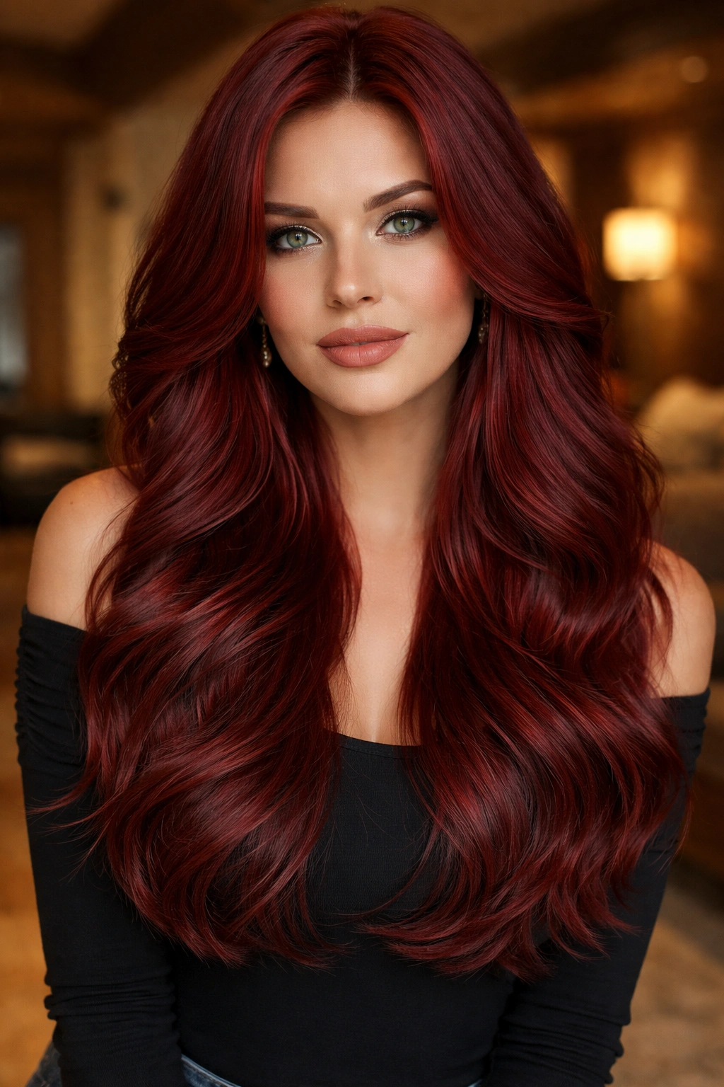 Close-up of a real woman with red velvet layered waves