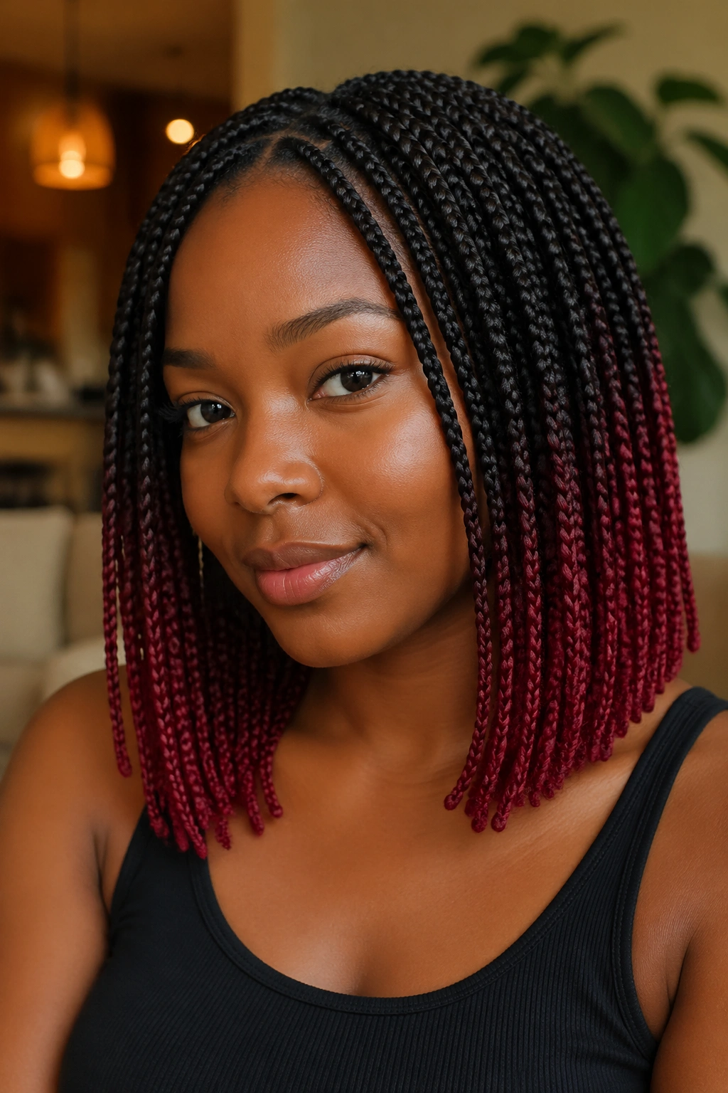 Close-up of real woman with shoulder-length red velvet ombré braids