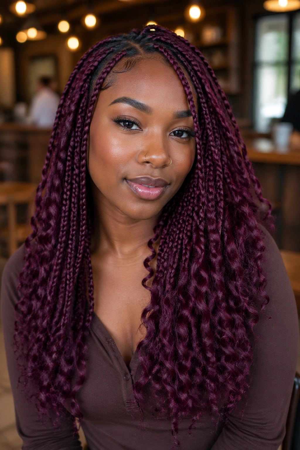 Close-up of red-violet boho box braids on a real person in a warm cafe
