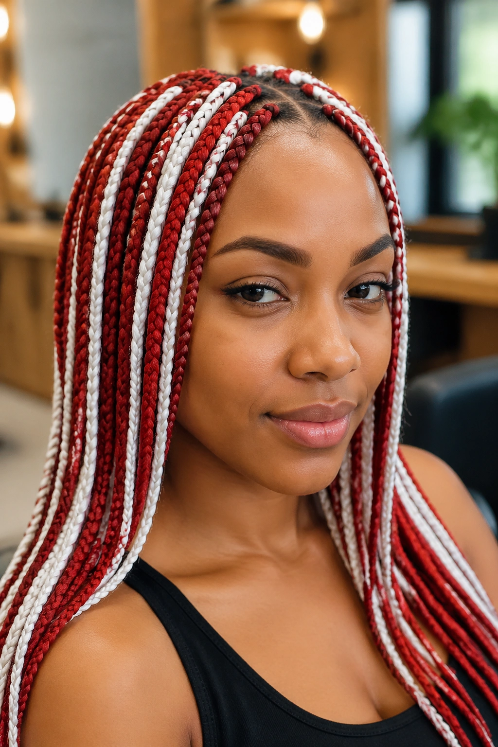 Close-up portrait of a real woman with medium red and white box braids in a center part.