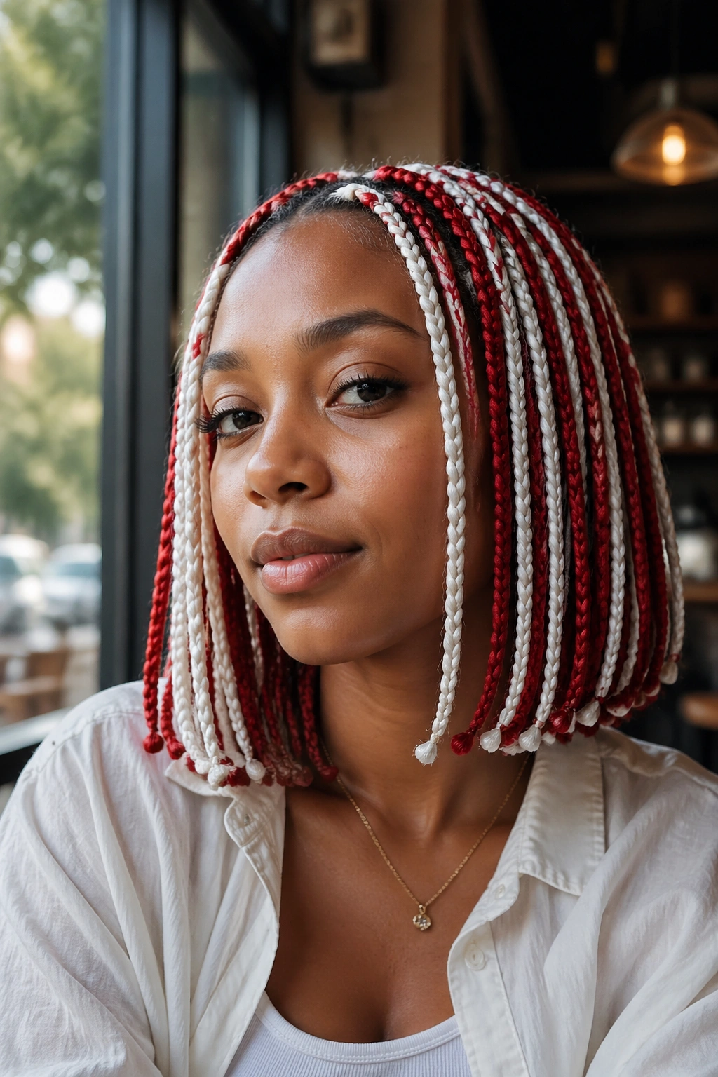 Close-up of a real woman with a shoulder-length bob and red and white box braids.