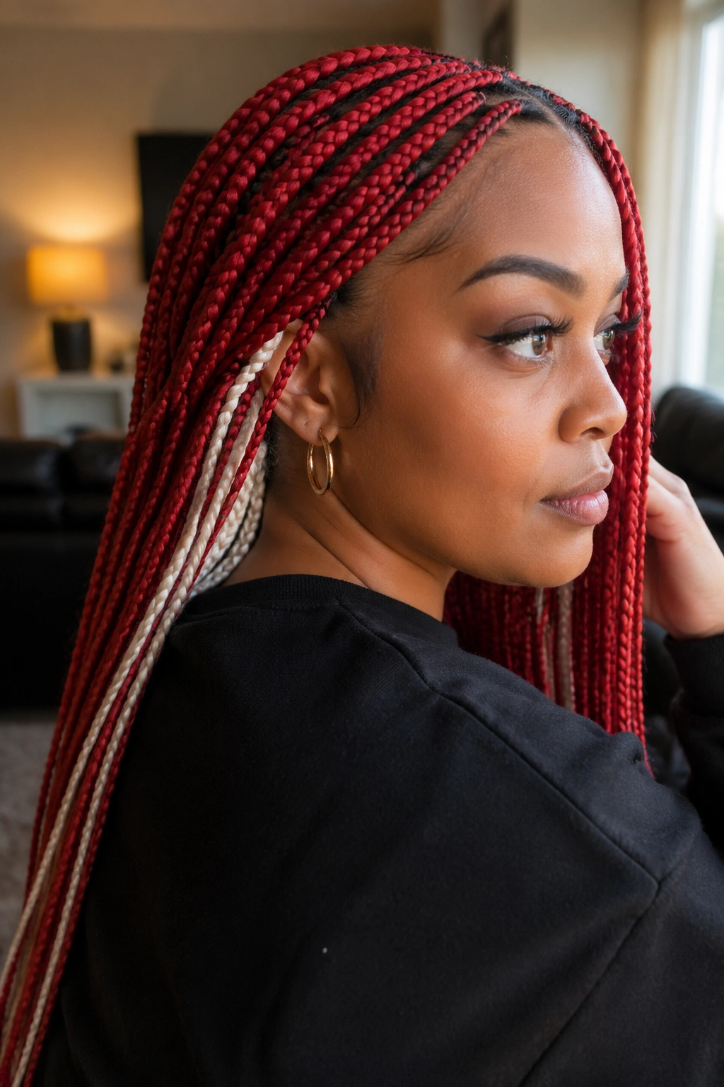 Close-up portrait of a real woman with red-dominant box braids and white peekaboo layers at the nape.