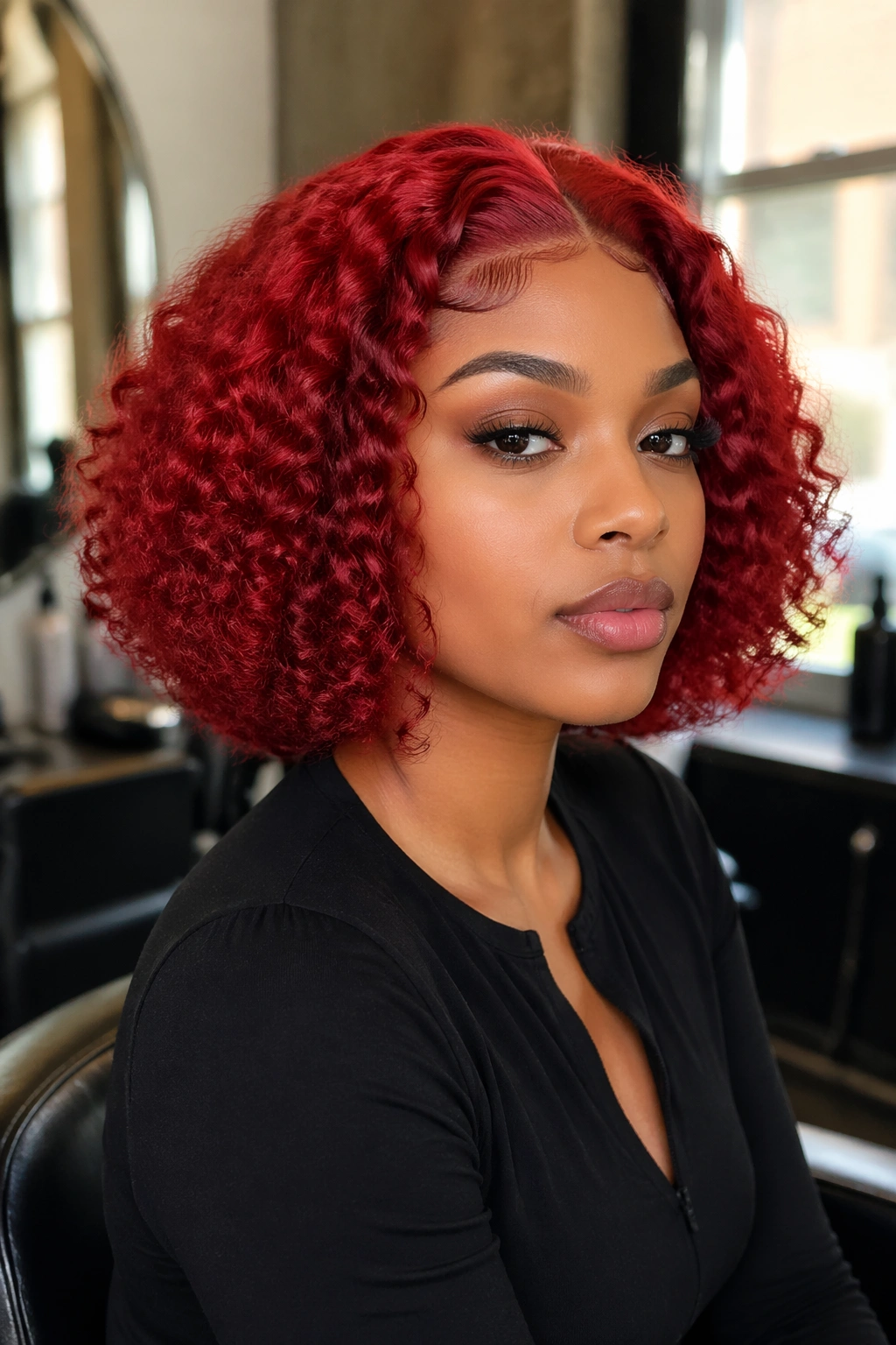 Close-up of a real woman in a cherry-red blunt curly bob wig with lace-front hairline