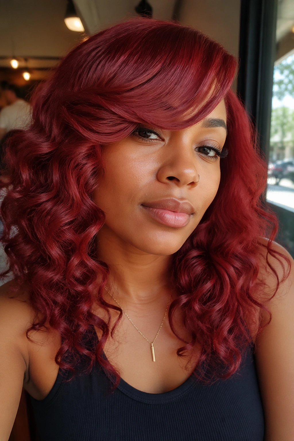 Real woman wearing red lace-front wig with side-swept bangs and soft volume
