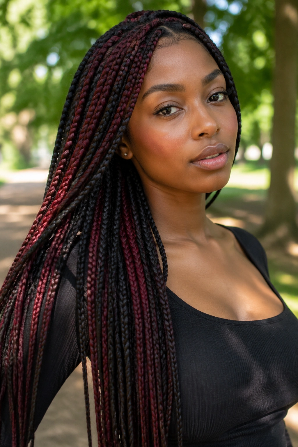 Close-up of a real woman with red wine peekaboo in waist-length box braids in a park