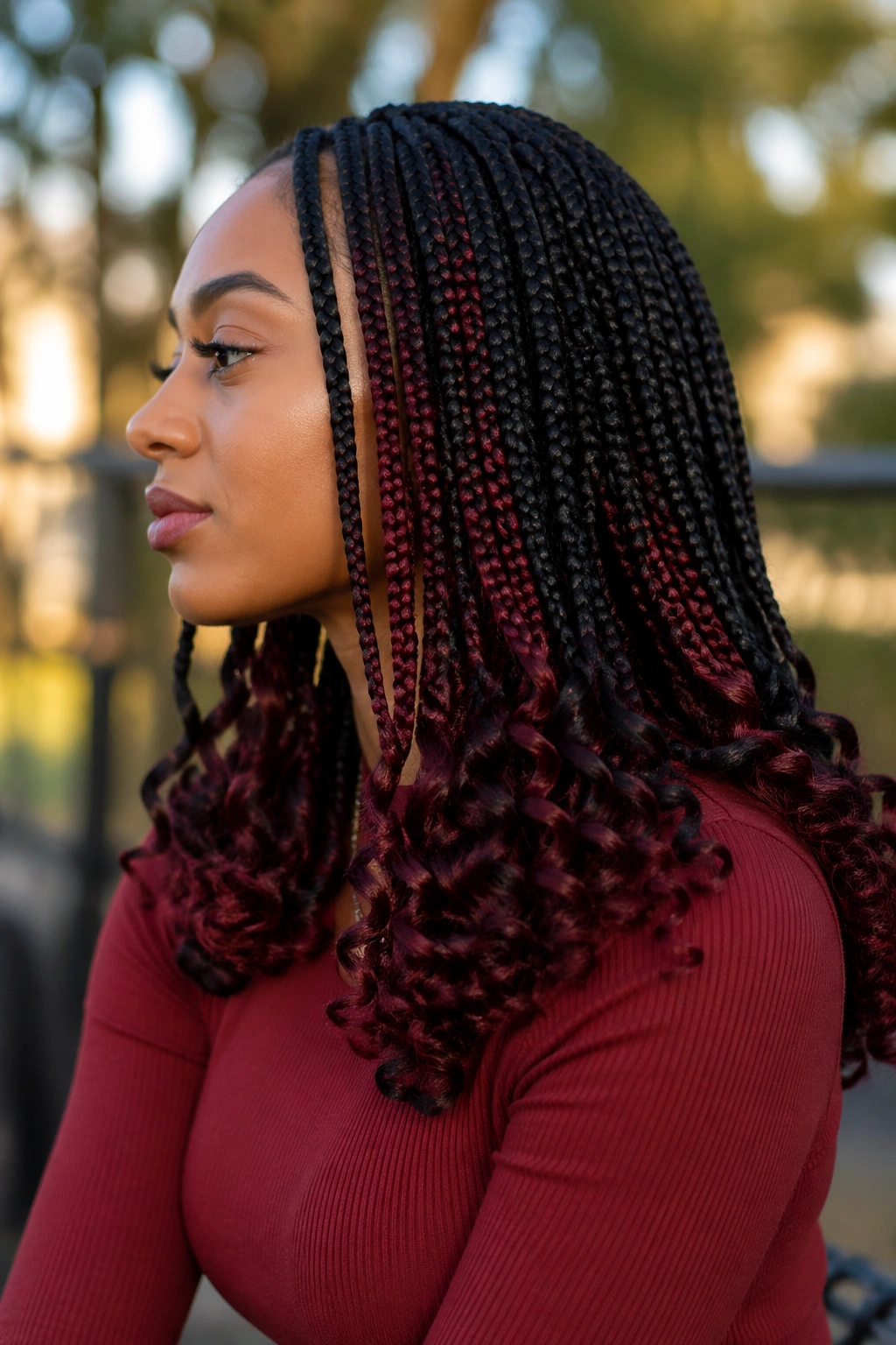 Side-profile portrait of a woman with red wine peekaboo under jet black braids and curly ends.