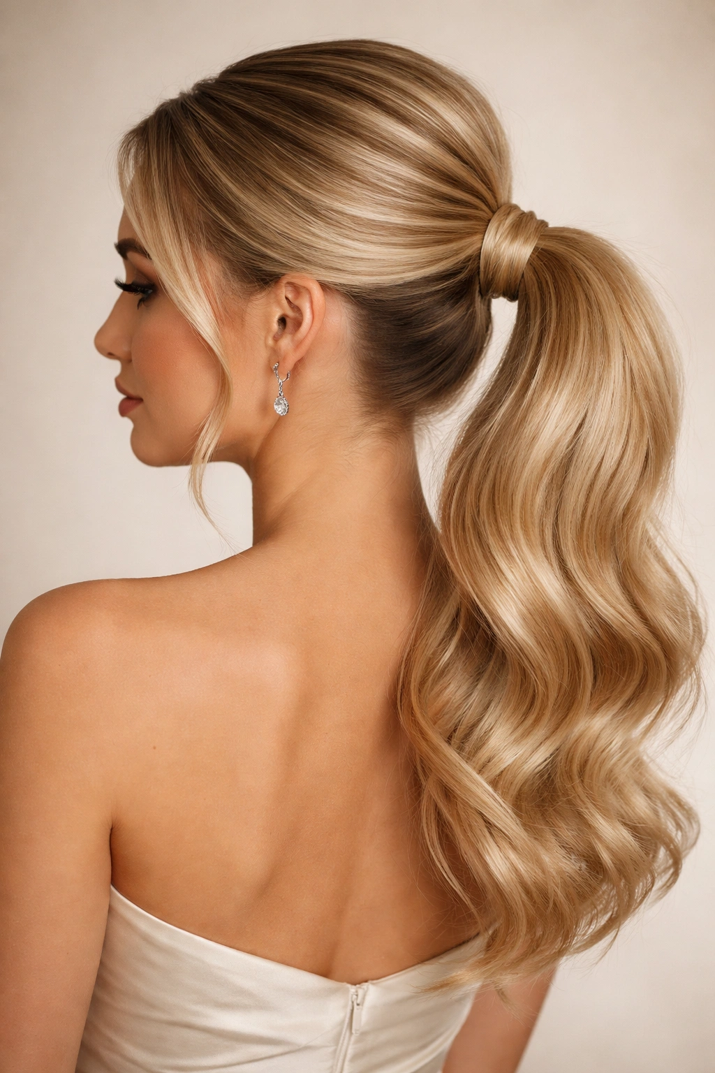Mid-height blonde ponytail with a wrapped base and subtle wave.