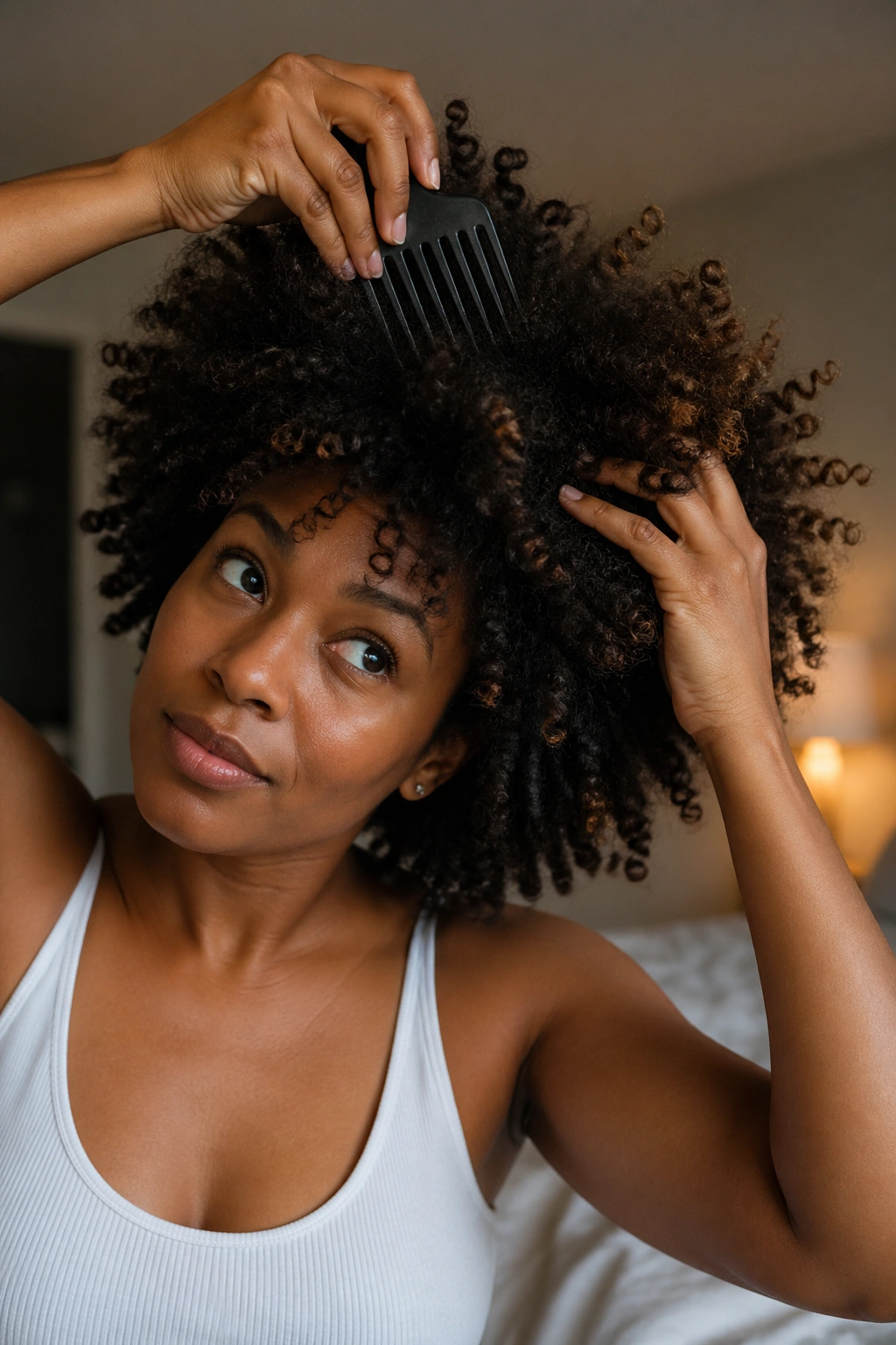 Real woman performing refresh-and-fluff hairstyle with volume boost