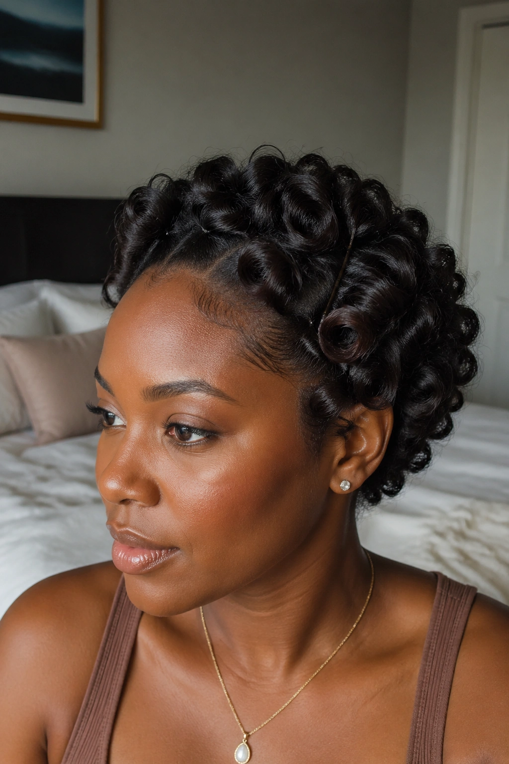 Close-up of a real person with refreshed pin curls after re-pinning.