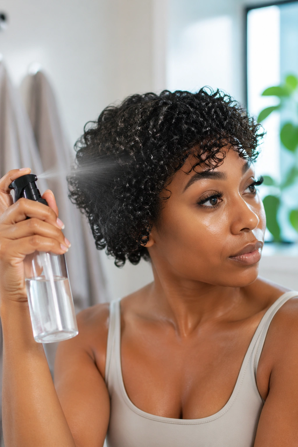 Woman refreshing S curls with spray bottle in bright bathroom