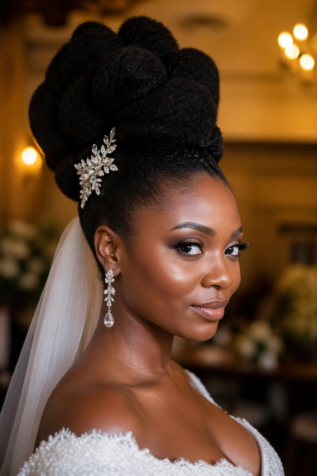 Close-up of a bride wearing a tall sculptural high updo