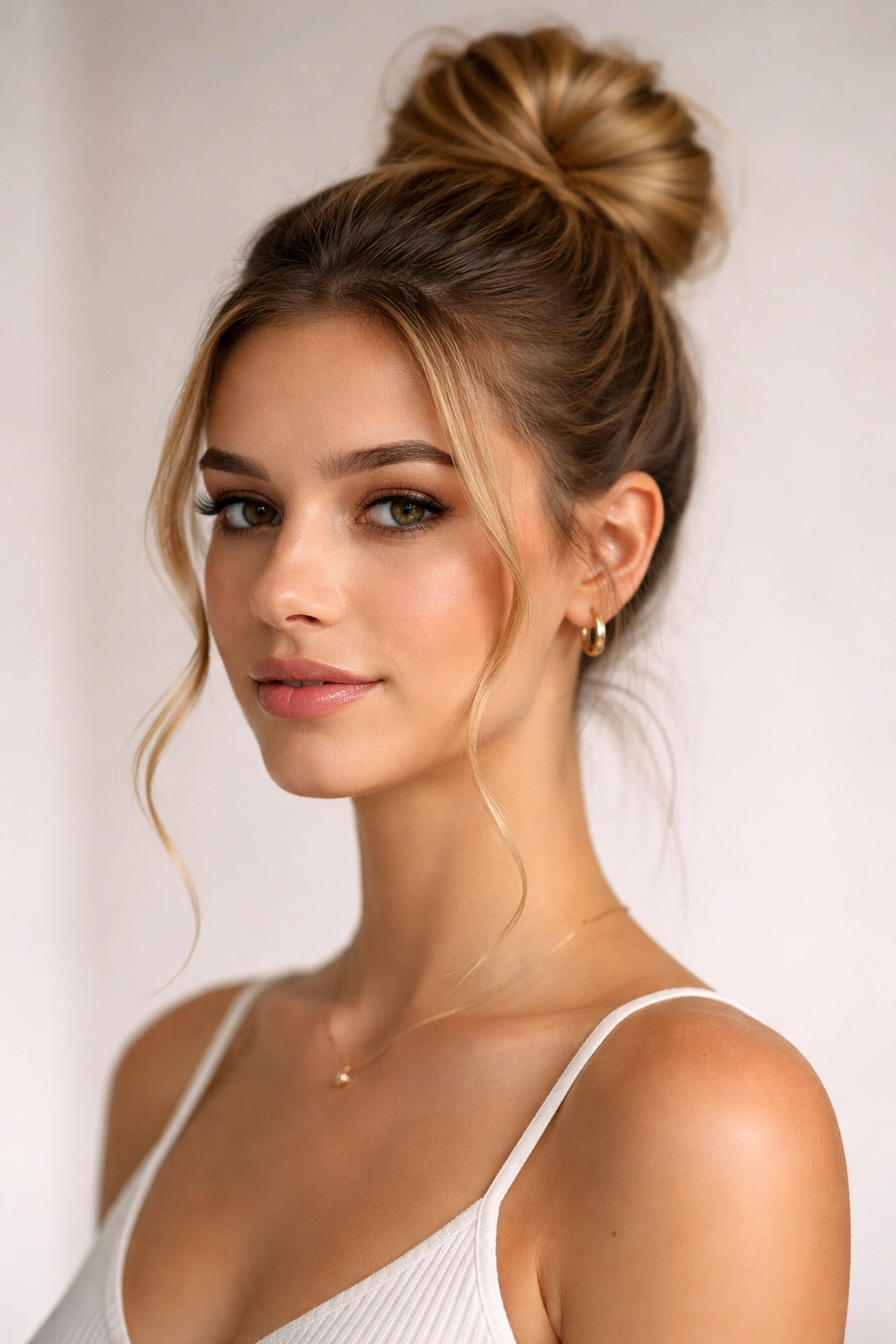 Close-up of a high bun with two face-framing tendrils curling at the temples