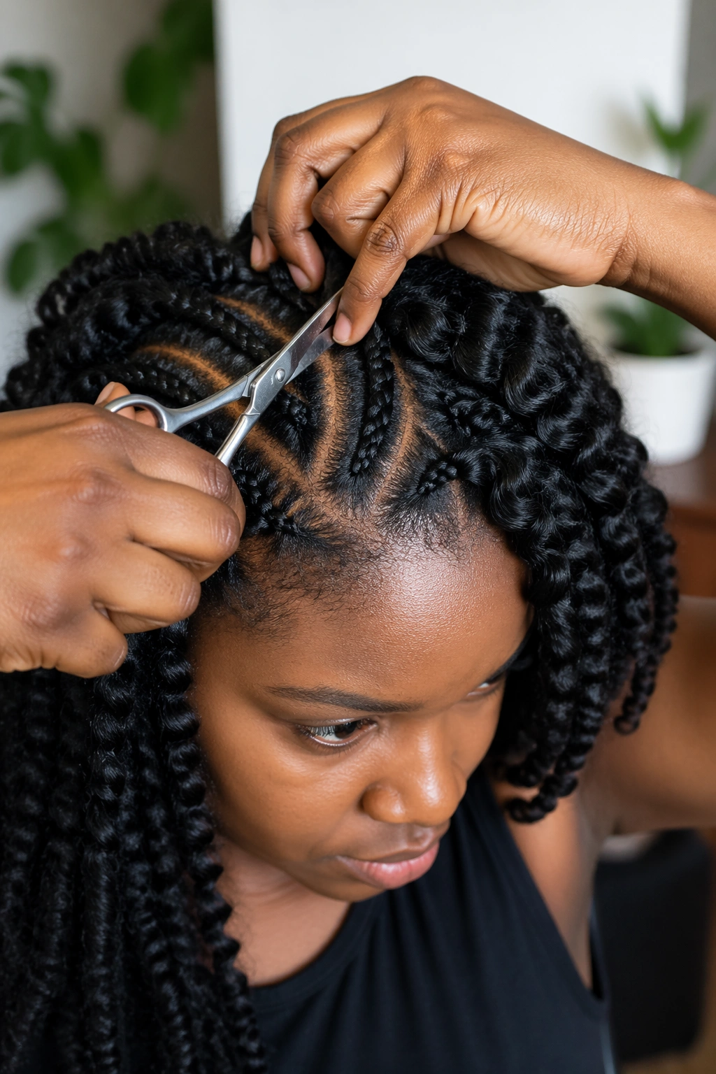 Close-up of a real woman removing crochet hair with scissors at the base