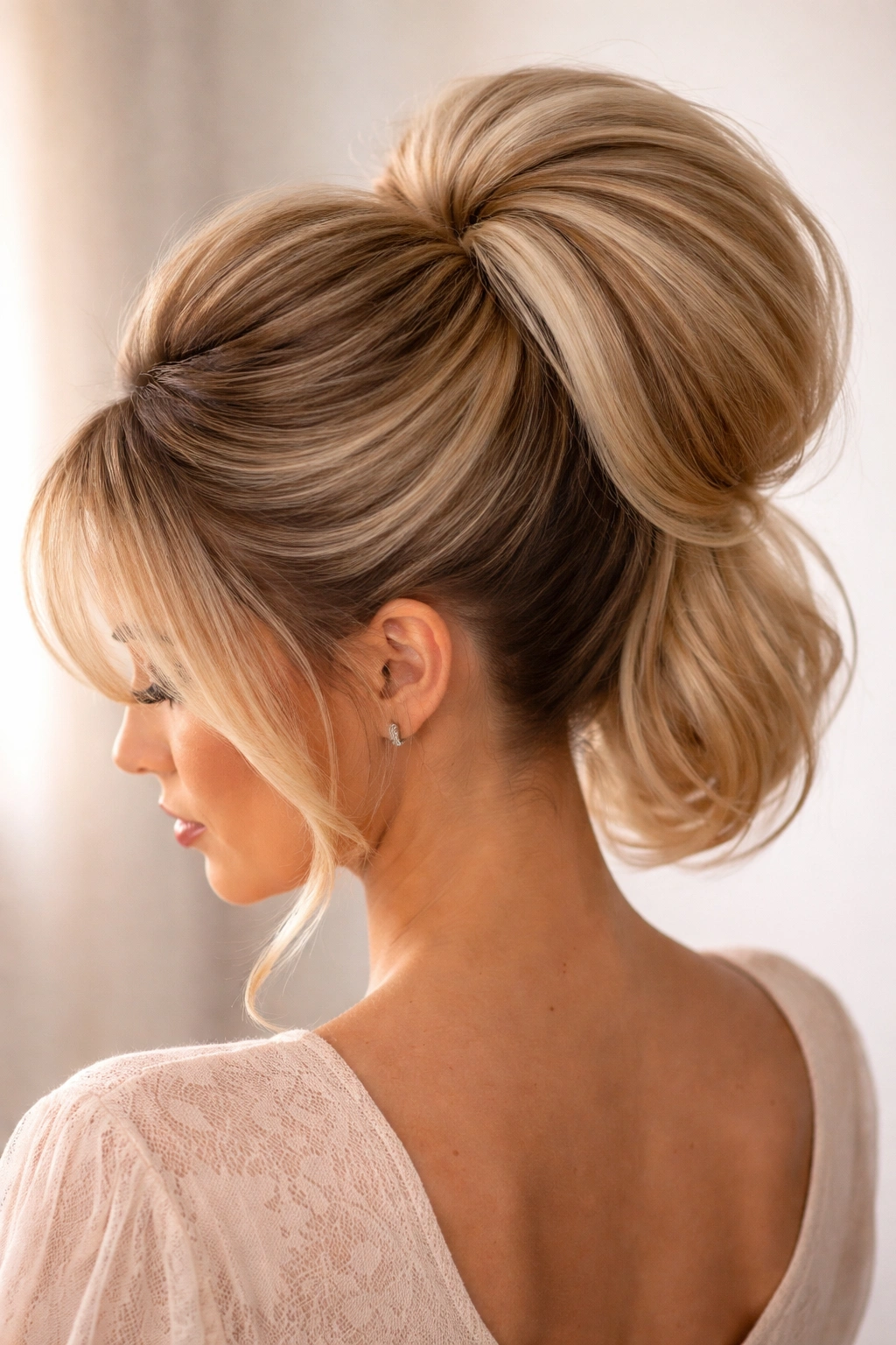 Front view of a retro-volume beehive hybrid bun with high crown