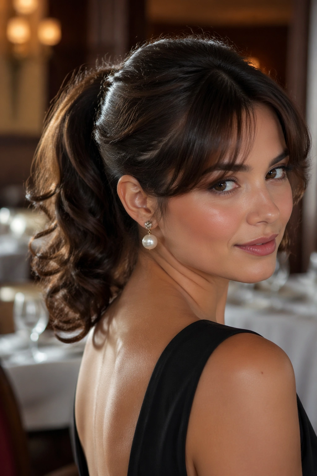 Close-up portrait of a real woman with retro curled ponytail and soft barrel curls