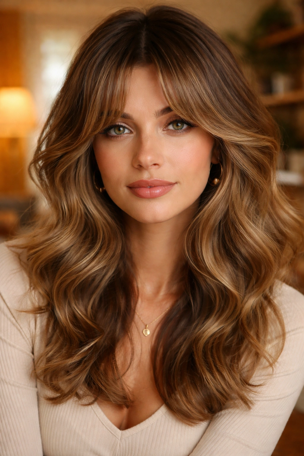 Close-up portrait of a real woman with retro 70s curtain bangs in a vintage setting.