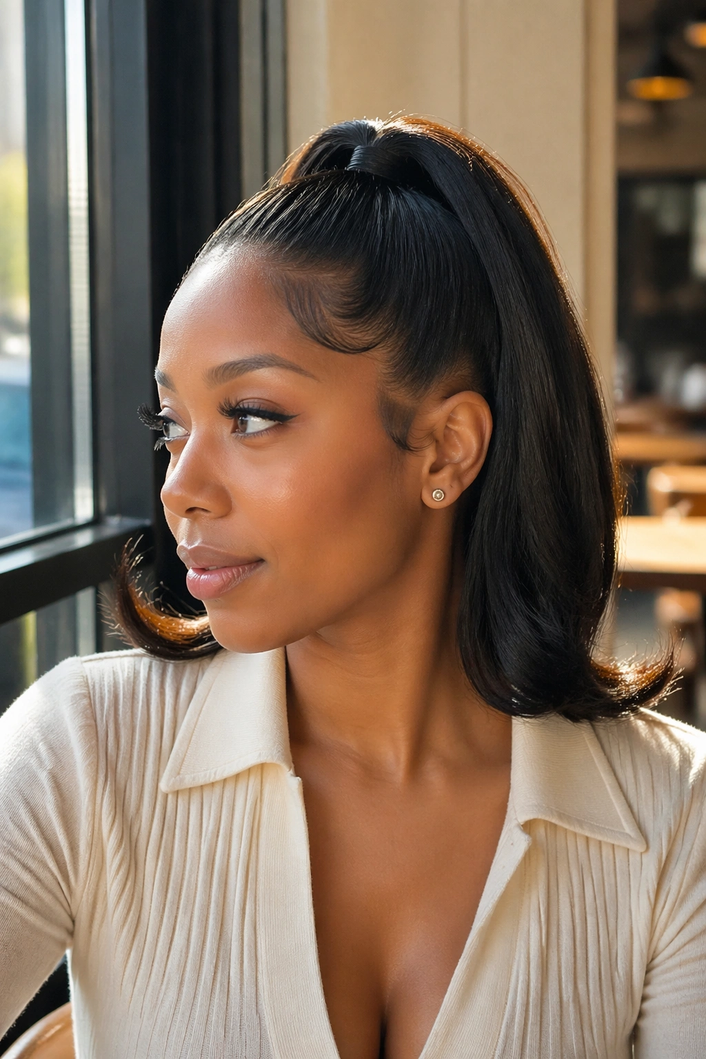 Close-up portrait of a real woman with retro flip ends; ends curled outward.