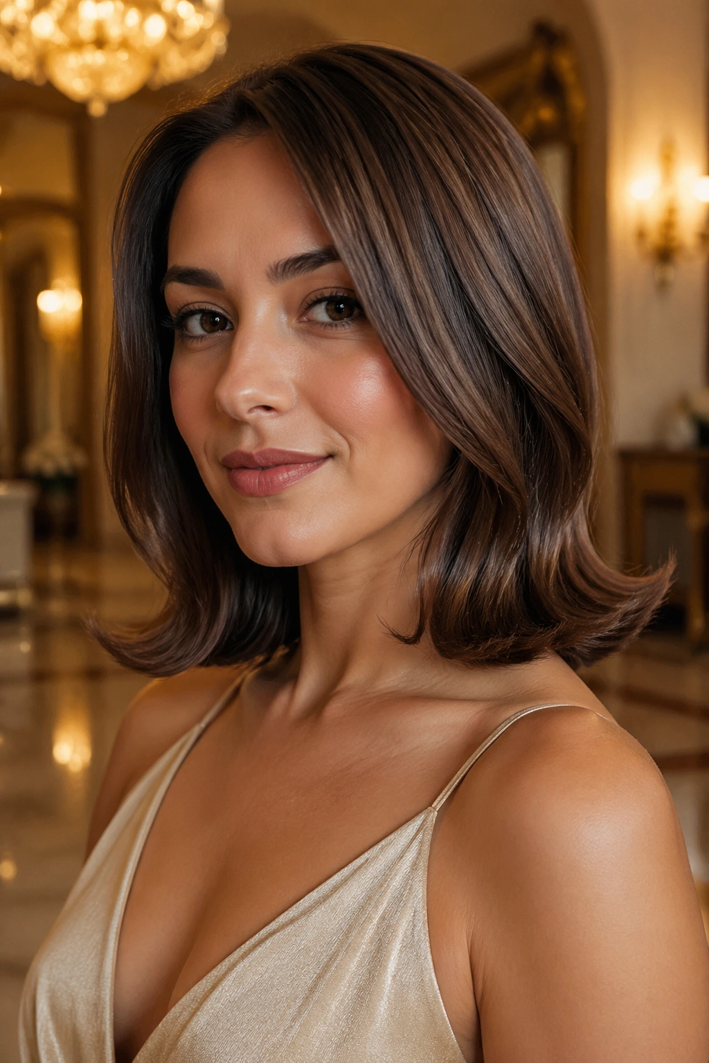 Close-up of a woman with retro flip ends on a lob in warm indoor light
