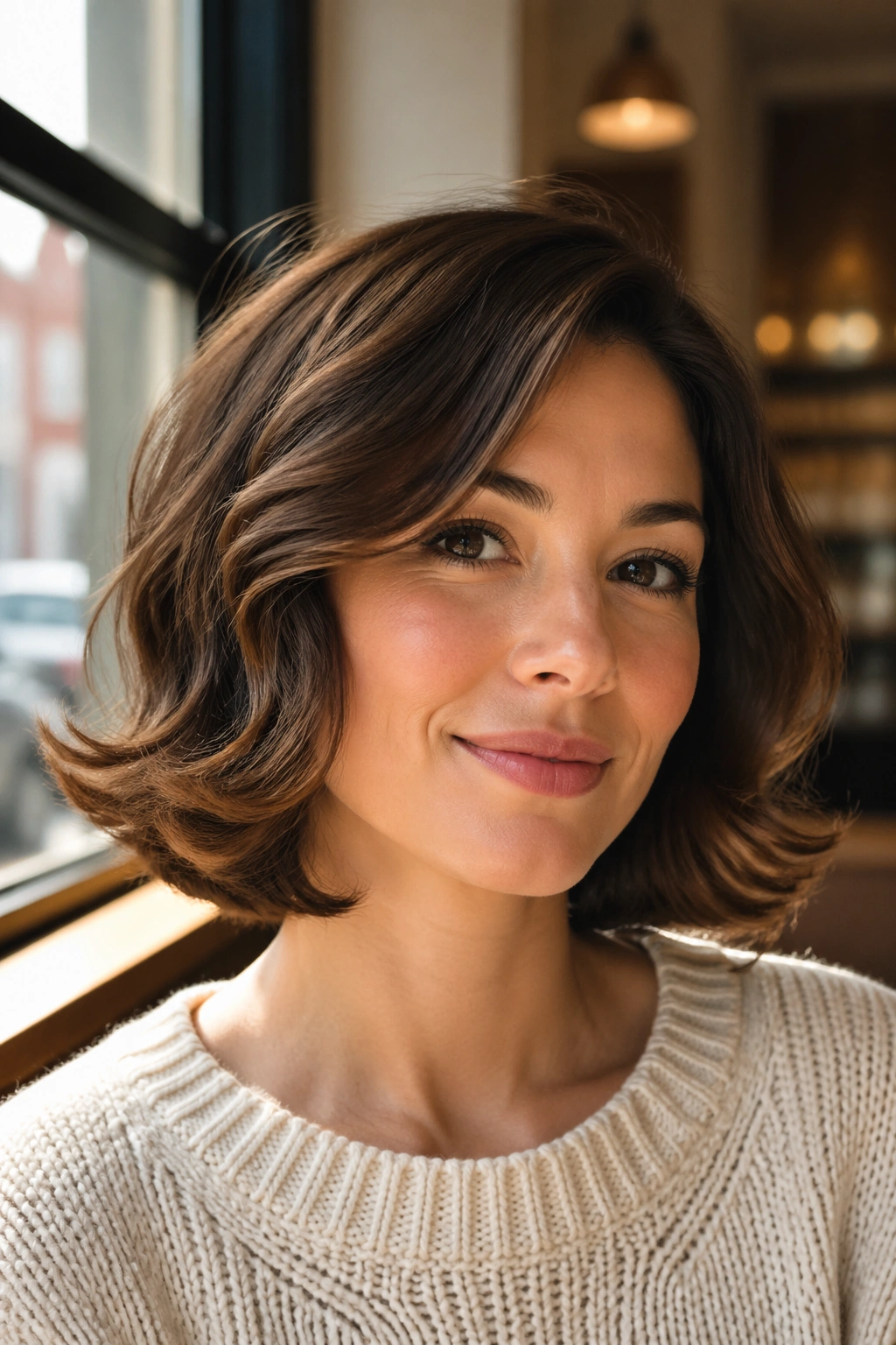 Close-up portrait of a real woman with retro flip bob and soft waves in warm cafe light