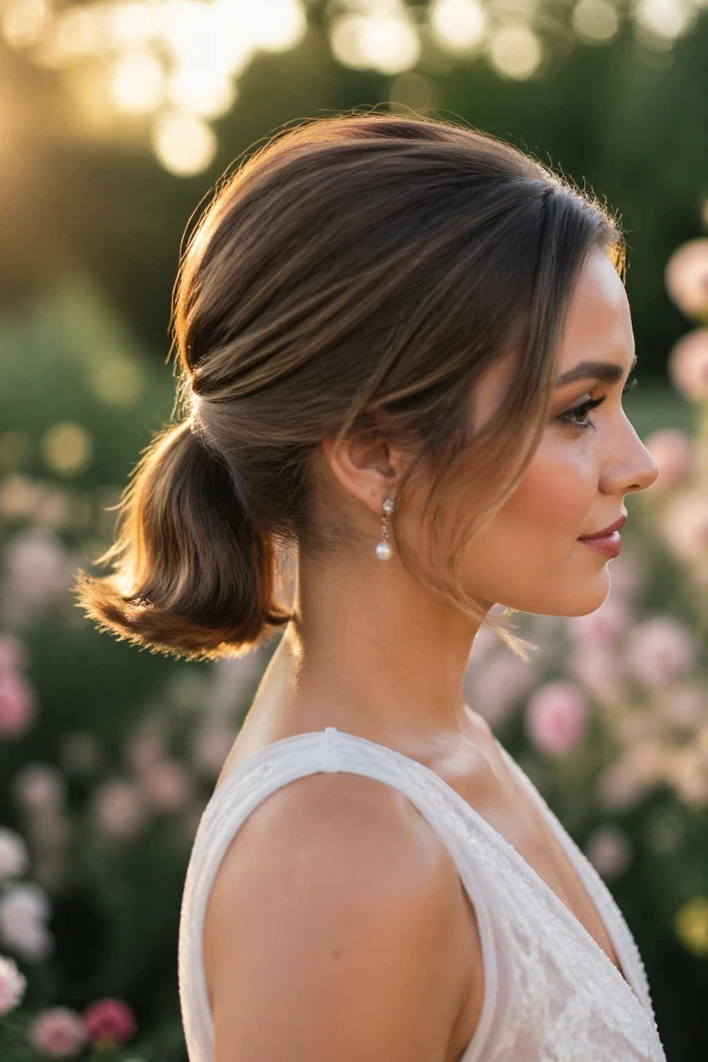 Bride with a retro flipped ponytail in golden-hour garden light