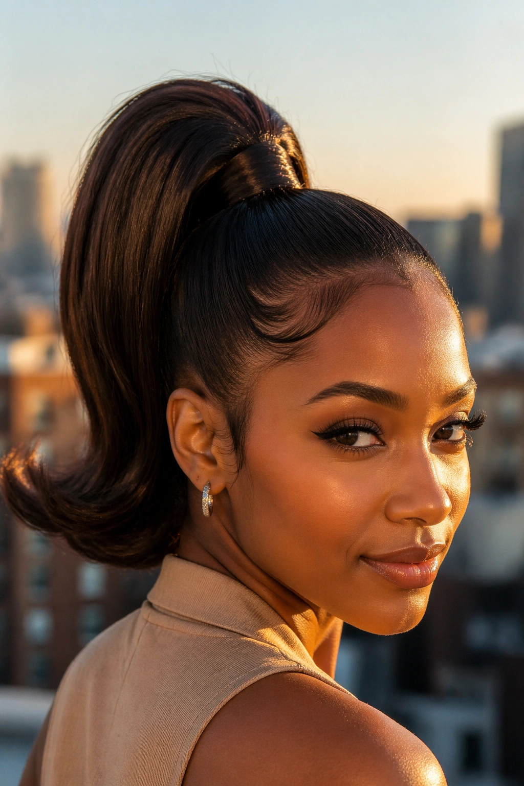 Close-up of a real woman with retro high ponytail and flipped ends in golden hour light