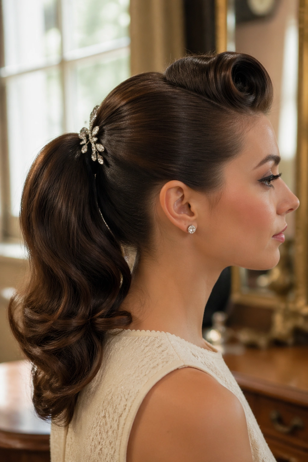 Profile portrait of a woman with retro mid-pony tail and crystal roll