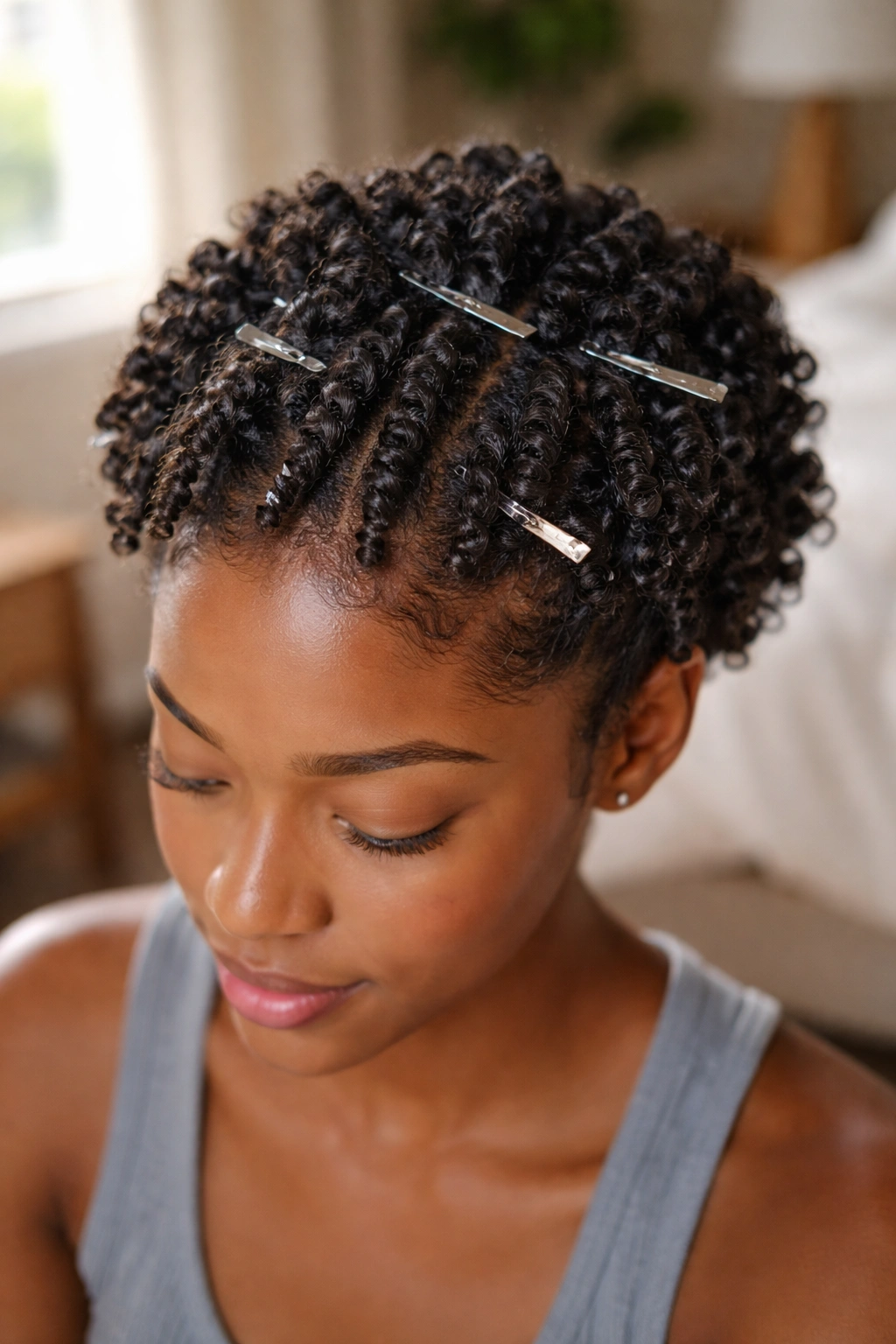 Front crown retwisted sponge curls on a real person with pins.