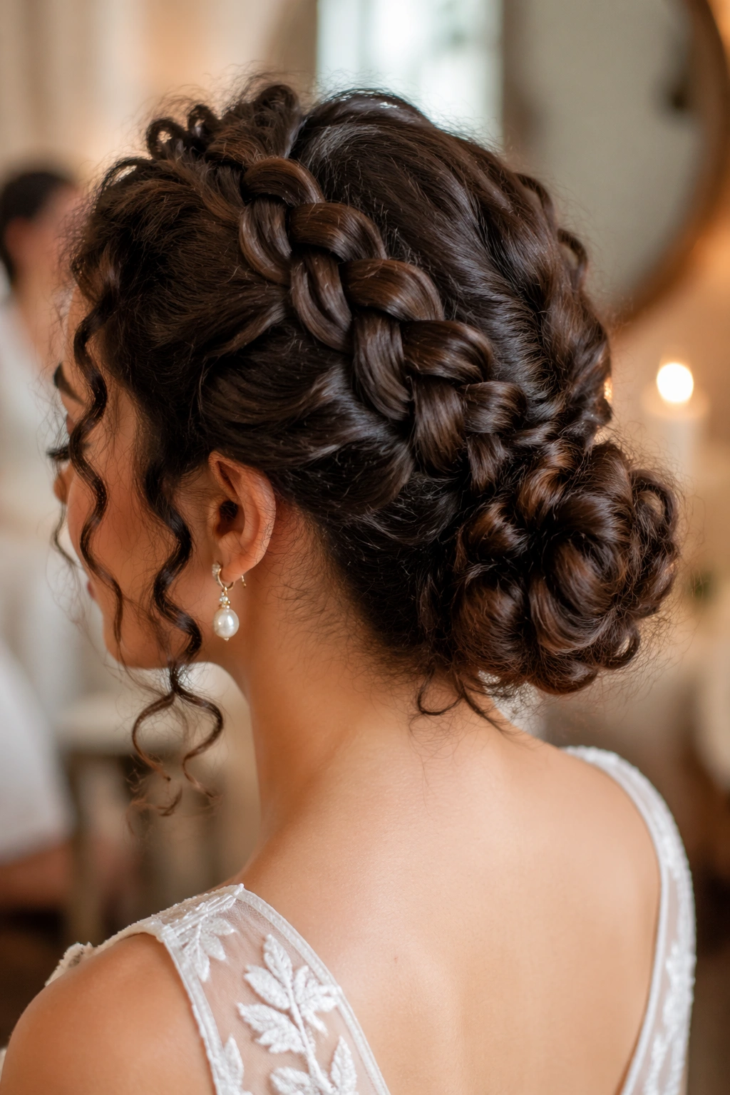 Bride with reverse Dutch braid into a low knot at the nape.