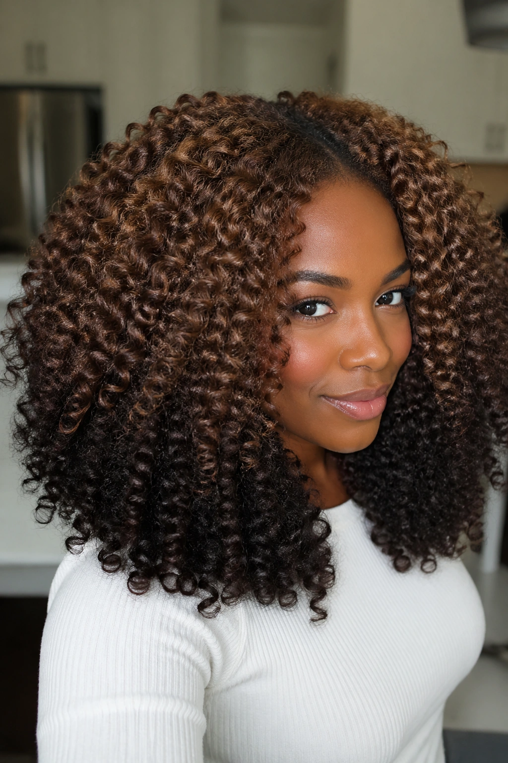 Close-up of reverse ombre curls with lighter roots and darker ends on dark brown hair