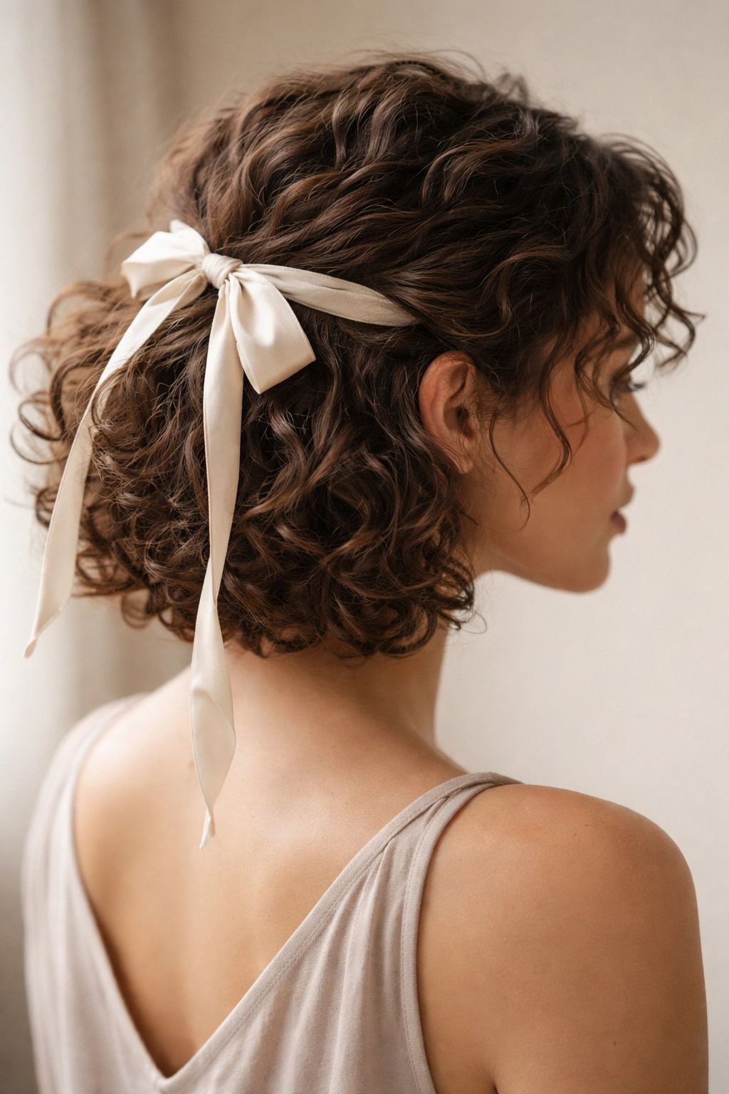 Close-up of loose ribbon accent in short curly hair at temples
