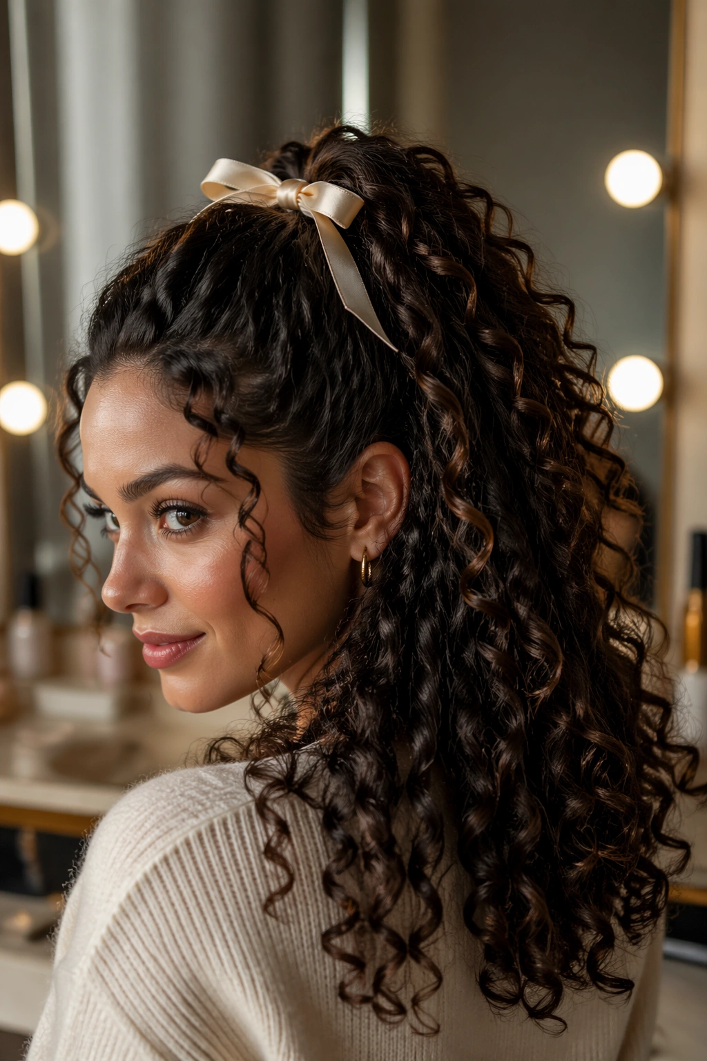 Close-up of a real woman with a ribbon bow half ponytail in a vanity setting