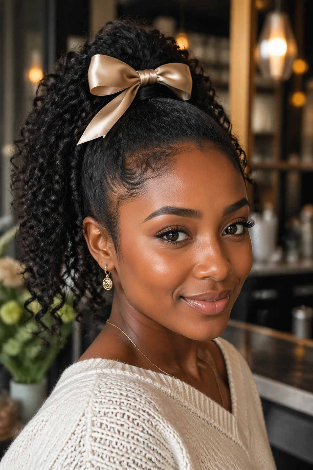 Close-up of a real woman with a high ponytail tied with a satin ribbon bow