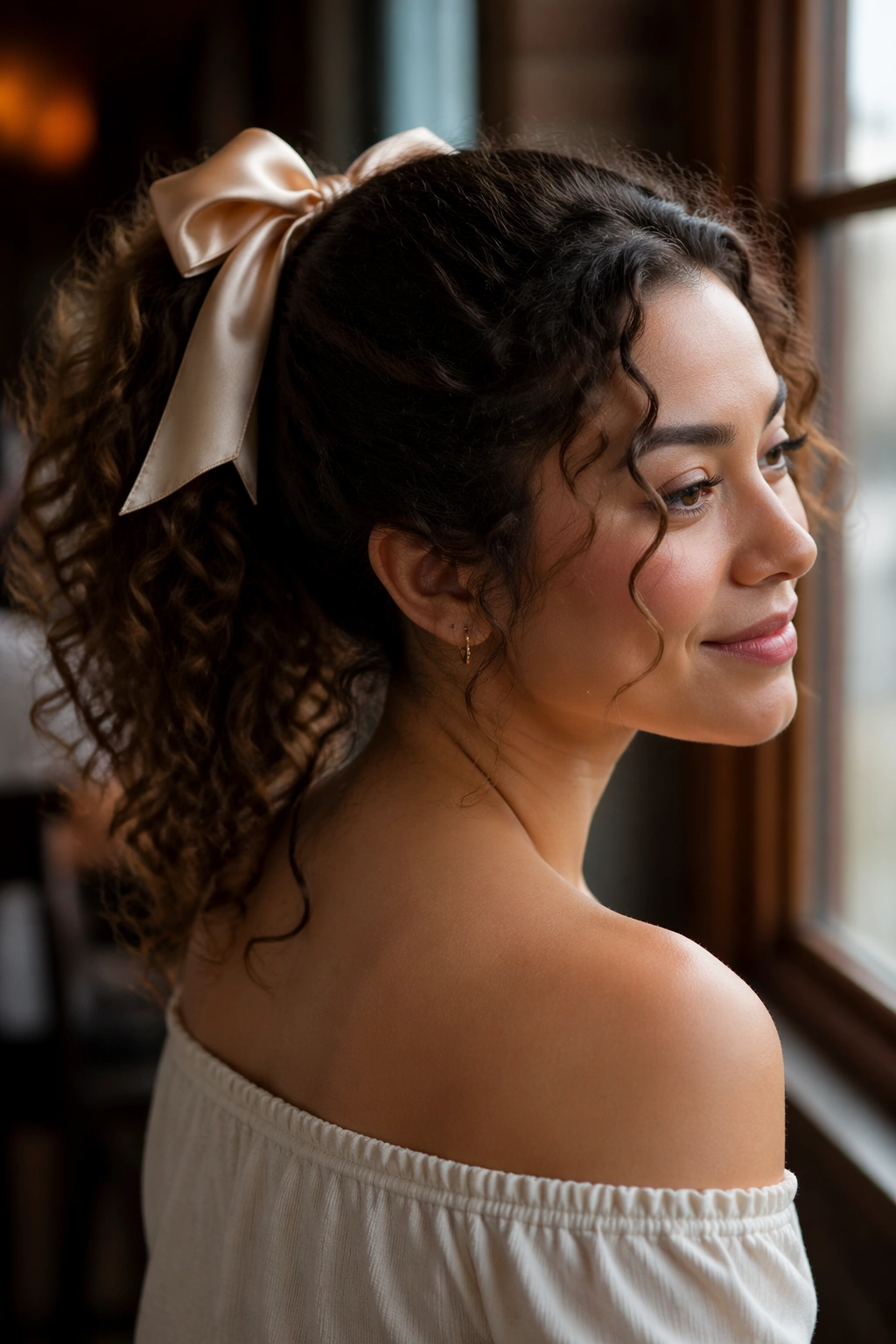 Close-up of real person with satin ribbon around ponytail in cafe light
