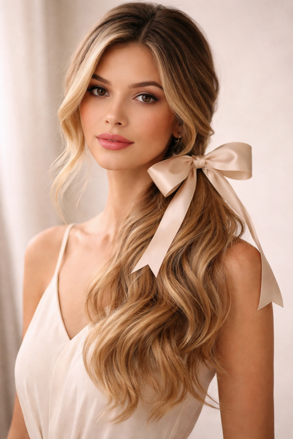 Side ponytail with a wide satin ribbon tied in a soft bow