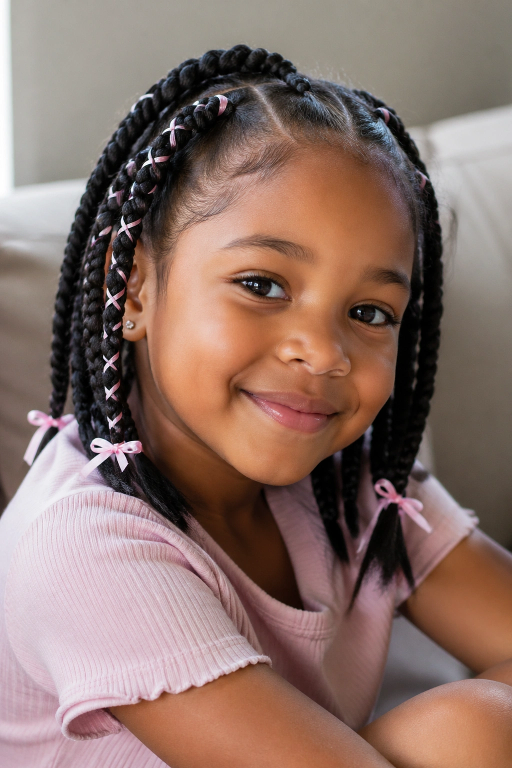 Close-up of a girl with ribbon-threaded box braids in a living room