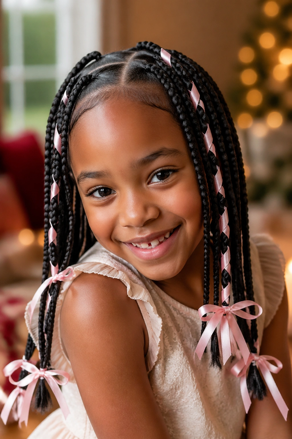 Close-up of a real young girl with ribbon-tied box braids in a festive indoor setting