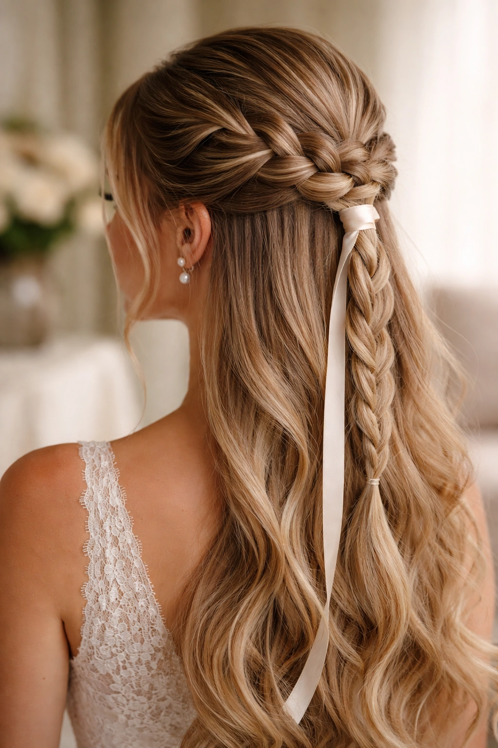 Close-up of Ribbon-Wrapped Braided Half Pony on bridal hair with satin ribbon wrapped around elastic.