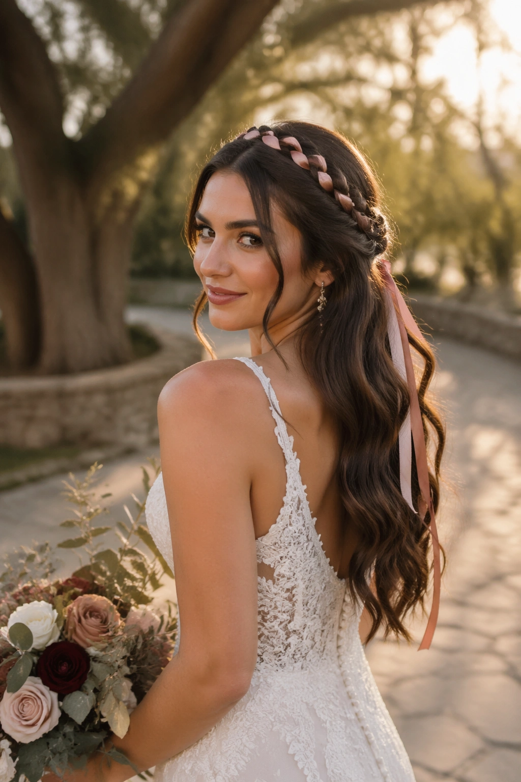 Ribbon braid on bride at golden hour outdoors