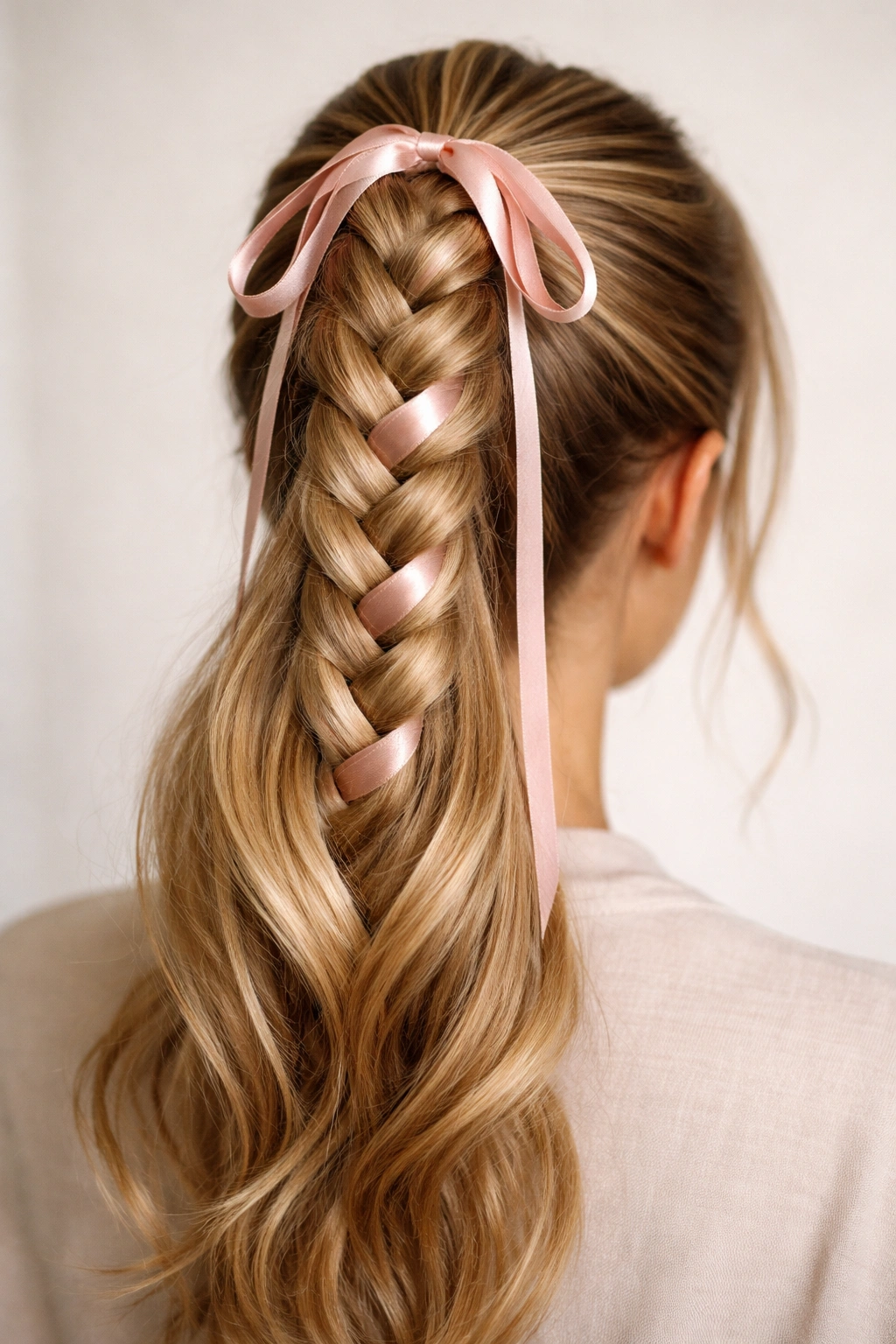 Ribbon-tied French Braid Ponytail: ribbon at base of ponytail with integrated braid