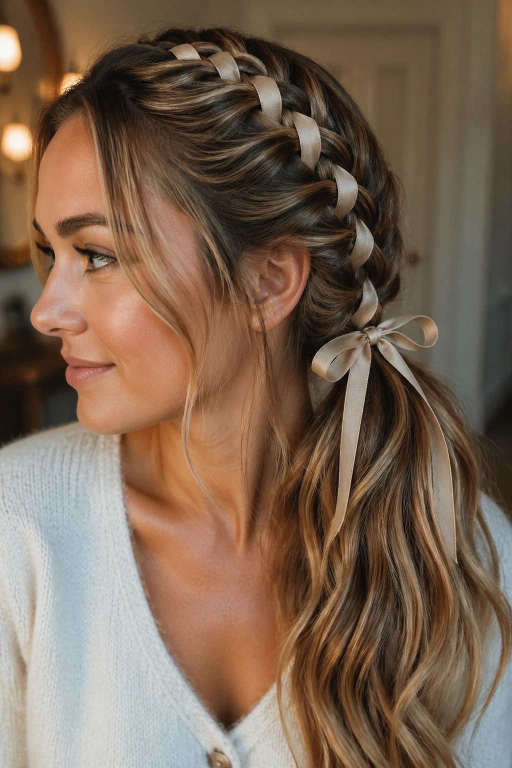Real woman with ribbon-laced side braid forming a ponytail