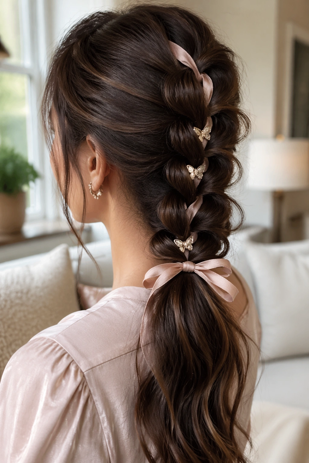 Close-up of ribbon-laced butterfly braid ponytail with clips on a real woman, warm window light