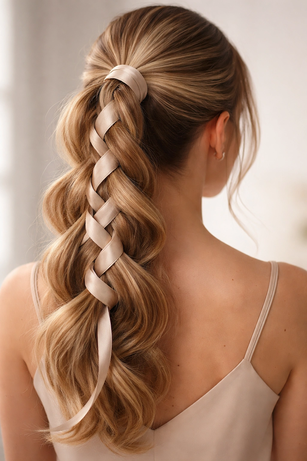 Braided ponytail woven with satin ribbon to add width and movement