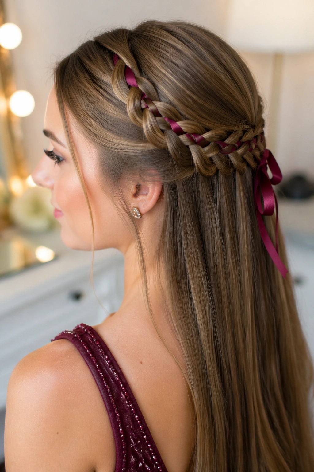 Close-up of a ribbon-woven half-up braid featuring a satin ribbon woven through the strands.