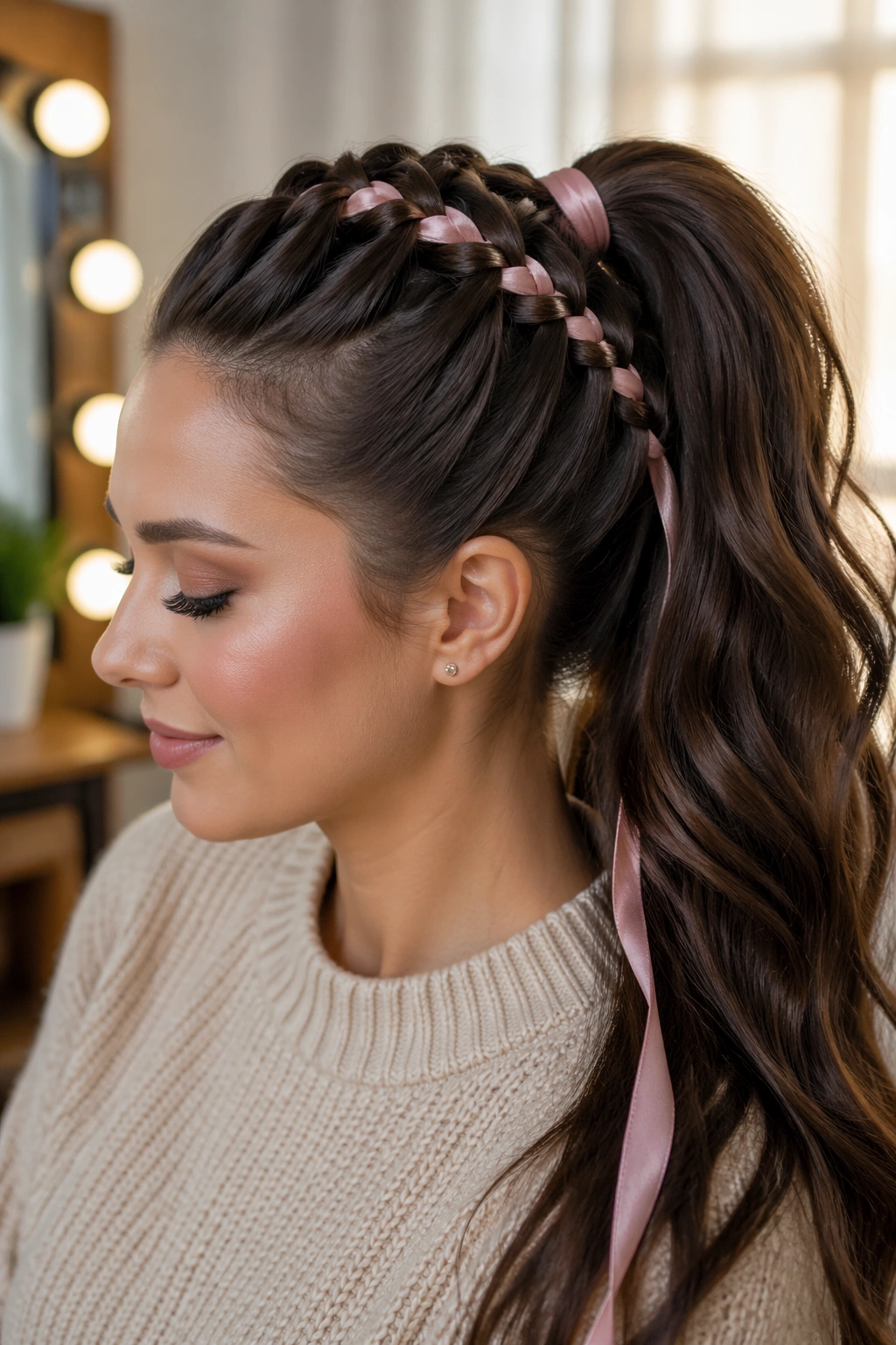 Close-up of ribbon woven Dutch braid ponytail on a real woman with ribbon threaded through the braid