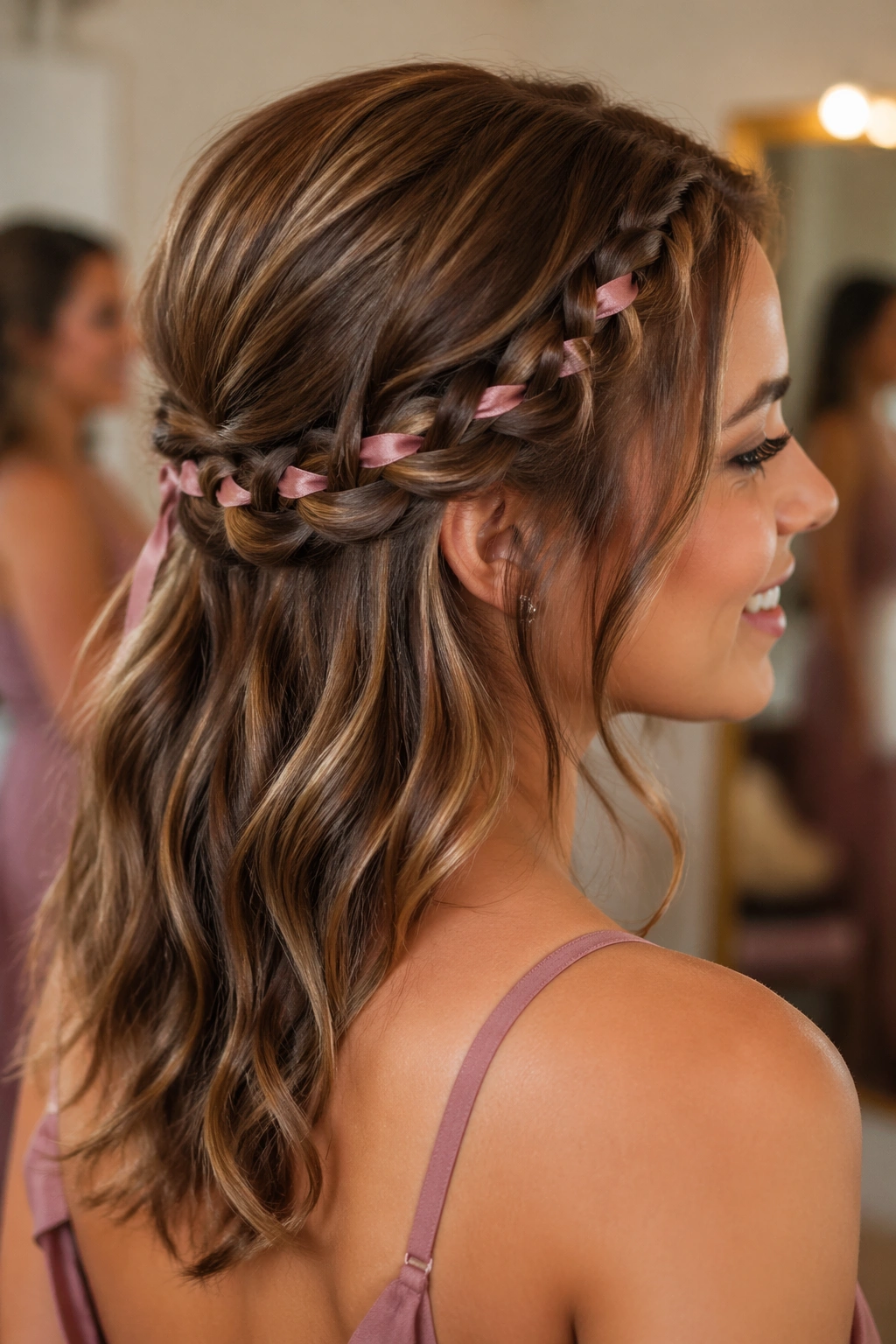 Close-up of ribbon-woven braid on a real woman.