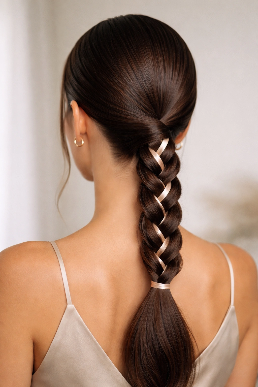 Low braided ponytail with ribbon woven through the braid at the base