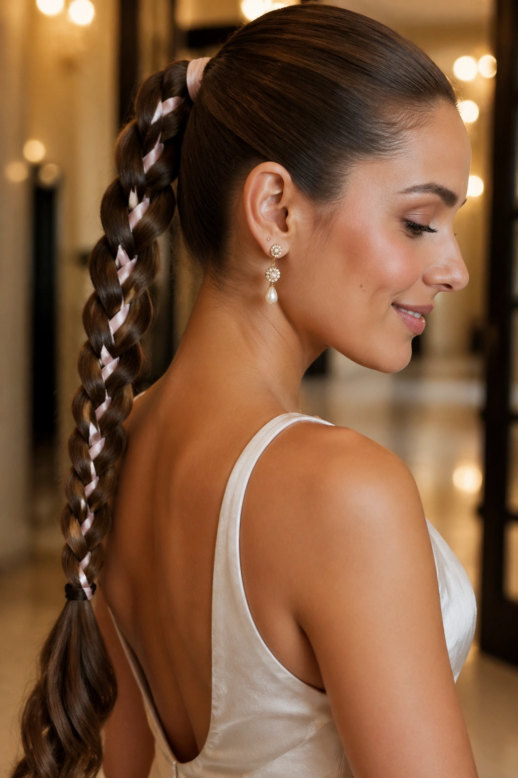 Real woman with ribbon-woven braided ponytail, close-up.